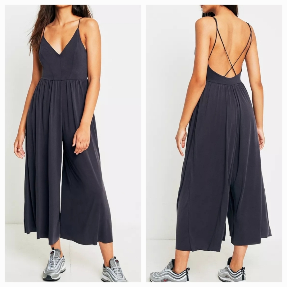UO Silence + Noise Molly Cupro Cullotes Jumpsuit sz S Slate Grey Blue Modal